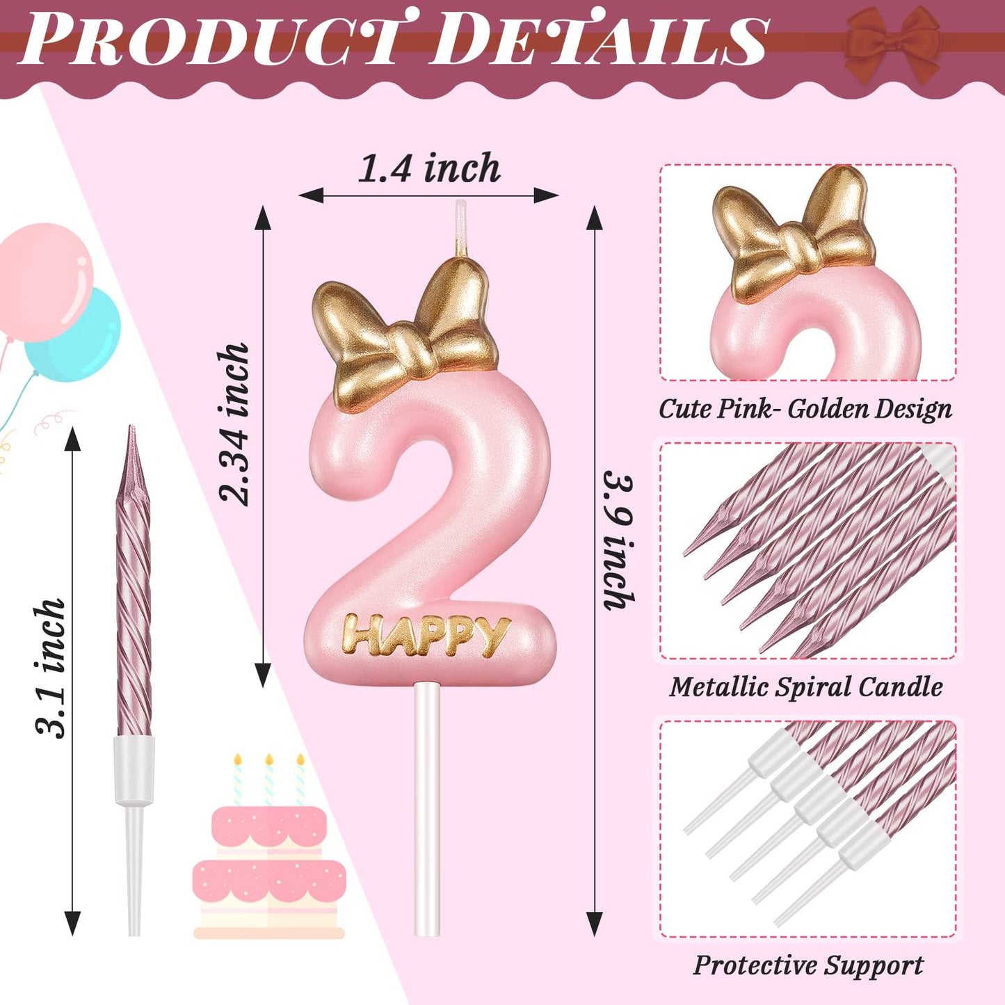 Pink Birthday Candle Girl,Number Birthday Cake Topper with 10 Pieces Rose Gold Birthday Candles Long Thin Cupcake Candles in Hol