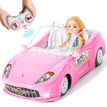 UMONIE Pink Remote Control Car for Girls, 2.4Ghz Racing Car for Toddler, 1:18 RC Car Toys for Kids with Doll, 100 mins with Rech