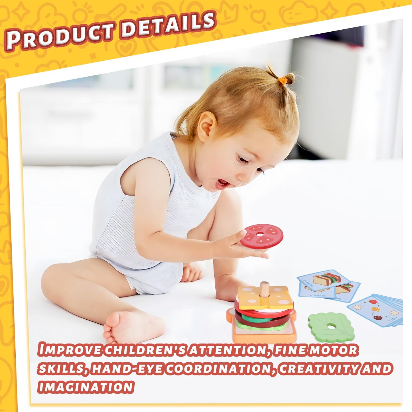 Lovestown Wooden Stacking Toys, Burger Stacking Toys Montessori Toys For Kids Educational Preschool Learning Toys For Boys Girls Birthday Gifts, Medium