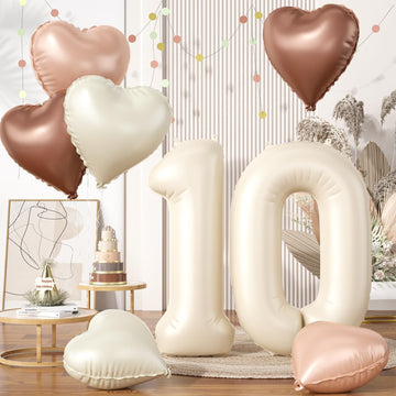 Biapian 40 Inch Cream Number 10 Balloons, 8Pcs Large Foil Number 1 & 0 Balloons With 18'' Cream White Heart Balloon Helium For 1