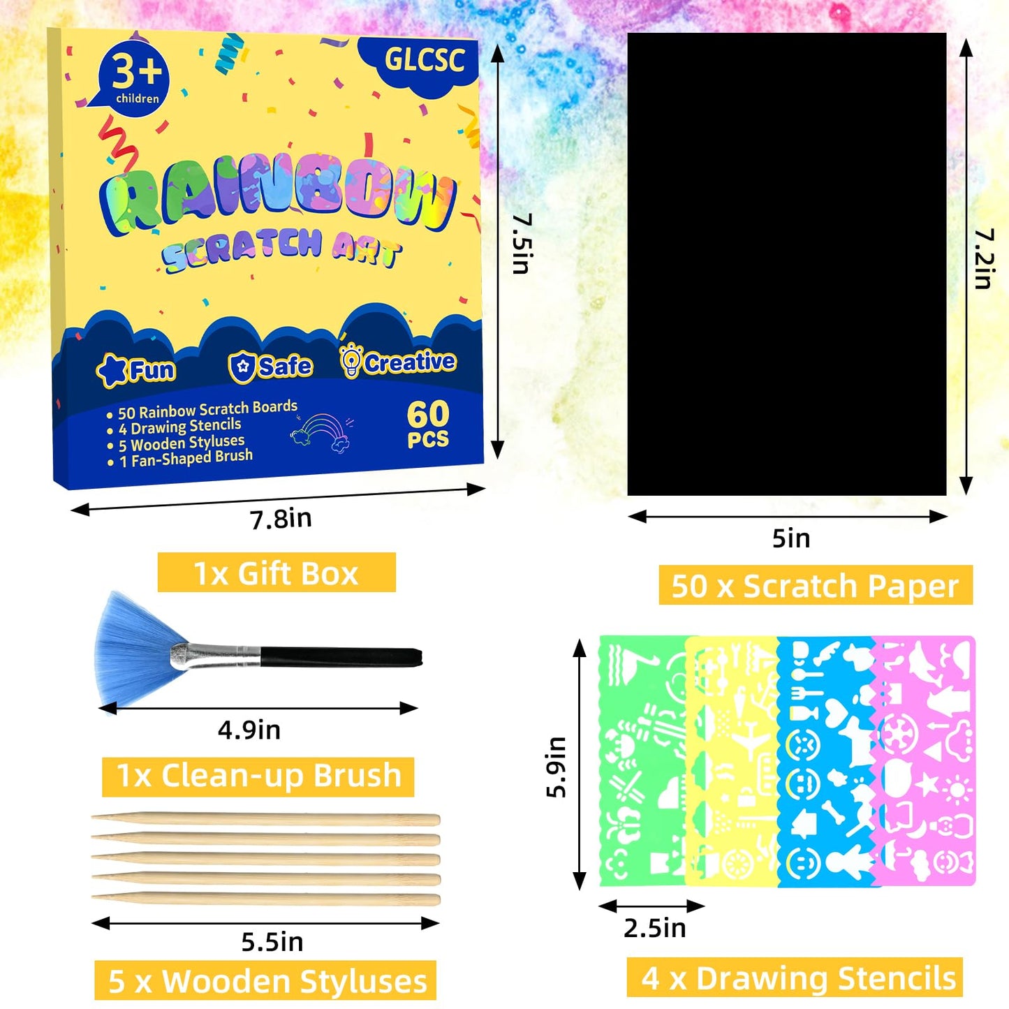 GLCSC 60 Pcs Scratch Art for Kids, Rainbow Scratch Paper, Black Magic Scratch Off Craft Set for 3 4 5 6 7 8 9 10 Years Old Girls
