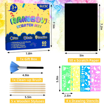 GLCSC 60 Pcs Scratch Art for Kids, Rainbow Scratch Paper, Black Magic Scratch Off Craft Set for 3 4 5 6 7 8 9 10 Years Old Girls