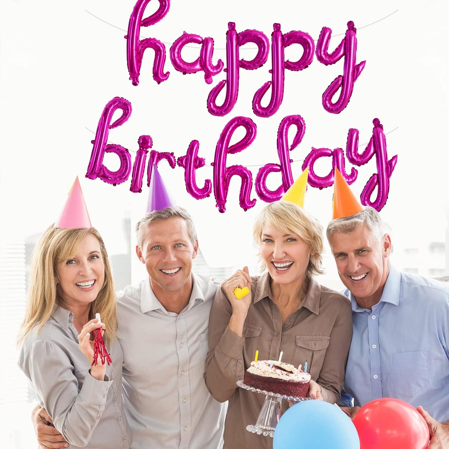 Toniful Hot Pink Happy Birthday Balloons Banner,Cursive Happy Birthday Balloons Hot Pink Birthday Decorations Hot Pink Mylar Foi