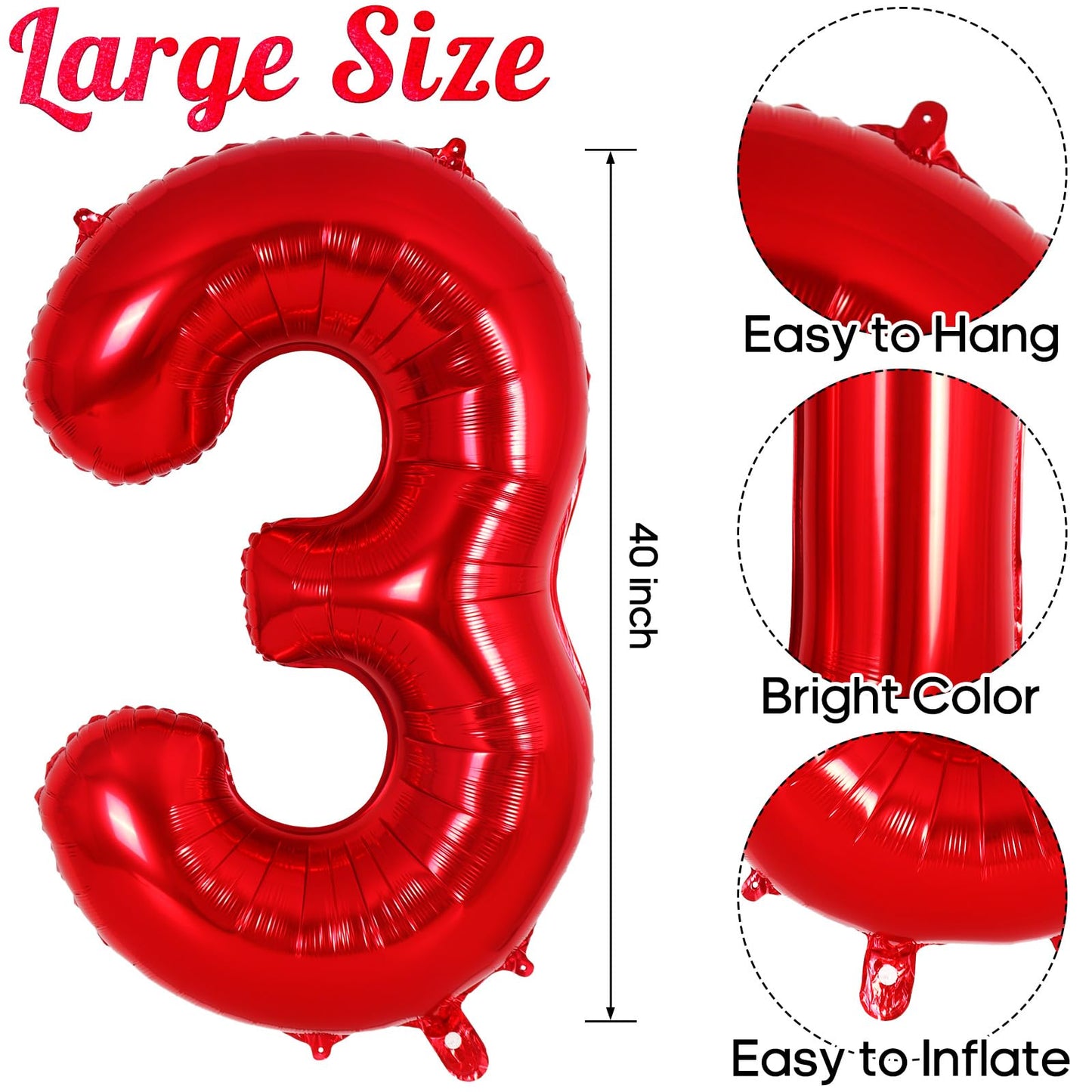 AIQINHU Red Number 3 Balloon - 40 Inch Jumbo Foil Mylar Balloon for 3rd Birthday Party Decorations