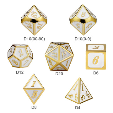 DnDnD White with Gold Number DND Dice Sets,Solid Metal Die with Free Gorgeous Metal Tin for Dungeons and Dragons D&D Role Playin