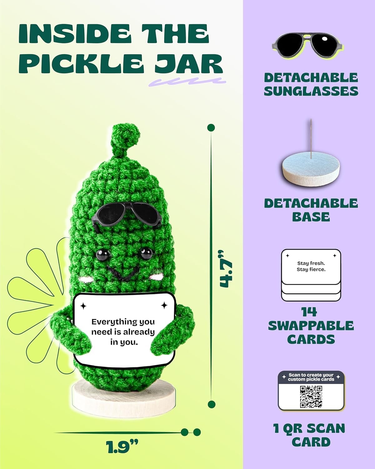 Almacura Crochet Plush Emotional Support Pickle - Green, 2.6x4.7 In, 15 Motivational Cards, Customizable QR Messages, Model EM-PICK-001