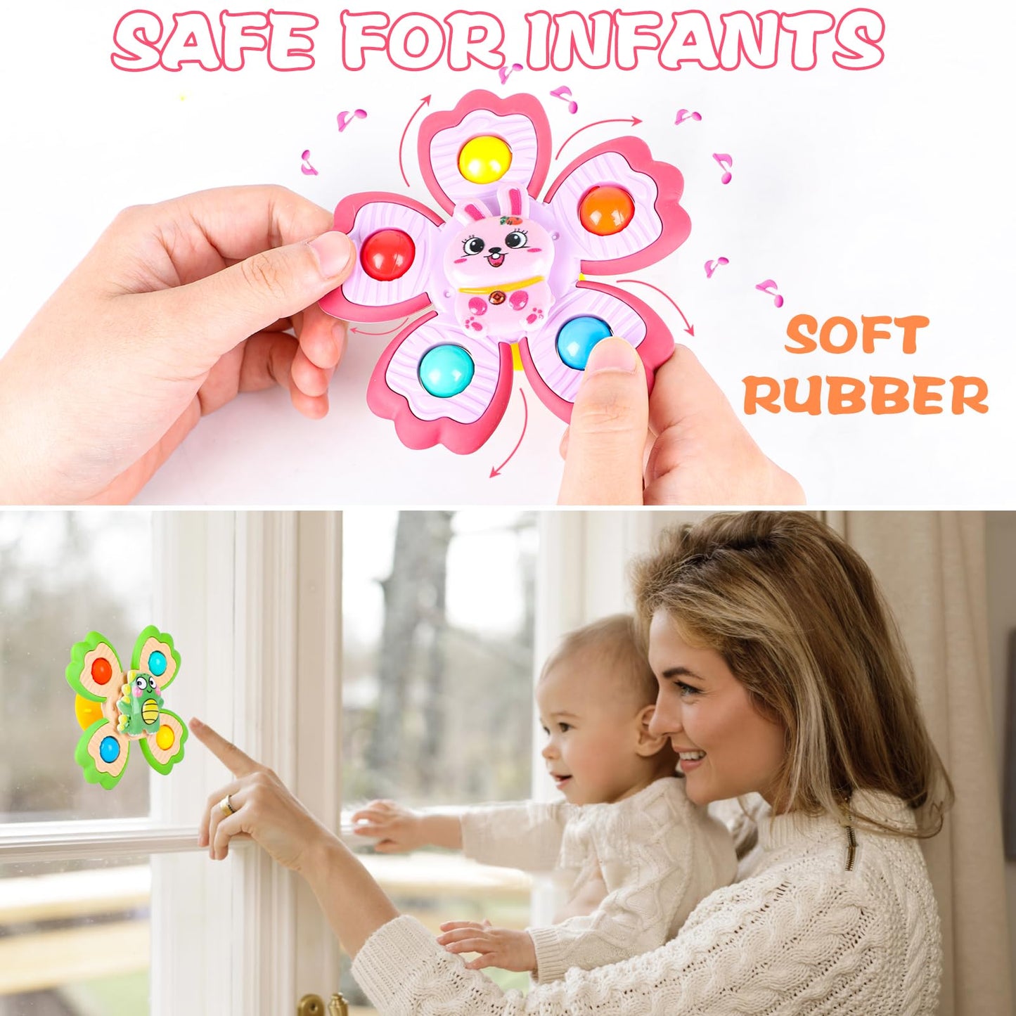 Jofony 4 Pcs Suction Cup Spinners Toys For Baby,Spinning Toy For Baby 3-18 Months Toddlers Sensory Activity Fidget Bath Toy Educ