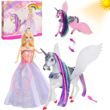 Yellow River Color Changing Unicorn & Princess Doll, Color Change On Whole Unicorn Under Sunshine, 12'' Doll And 11'' Unicorn To
