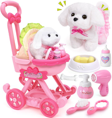Golray Dog Toys For Kids Girls, Stroller & Electronic Interactive Stuffed Dog Plush Can Walk Bark, 10 Pcs Toddler Girl Toy Dog Puppy Pet Care Pretend Play Set, Birthday Gifts For Little Girl 3 4 5 6 7