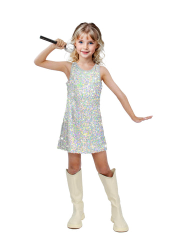 Sinkawa Jackets Girls Sequin Dress Sparkly Sleeveless Costume Prom Concert Party Outfit with Glitter Microphone Prop-Small Silve