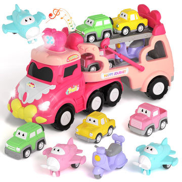 newcrave Toys for 1 2 3 Year Old Girl Truck, 7-in-1 Carrier Truck Cars Toys for Girl, Toddler Girls Toys Age 1-2 2-3, Princess T
