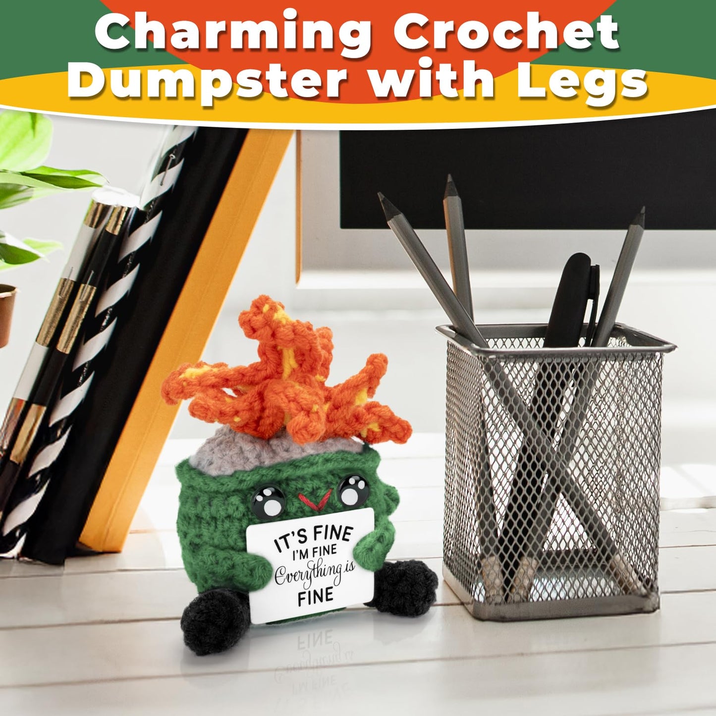 A Aifamy Crochet Fire With Legs, Handmade Energy Dumpster Doll With Positive Card For Friends Funny Birthday Gag Gifts (Green)