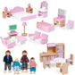 26pcs Wooden Dollhouse Furniture Set with 4 Family Dolls  Pink Dollhouse Accessories for 4 Rooms  Pretend Play Furniture Toy  Birthday Gift for Girls Boys Age 3 4 5 6 Years Old
