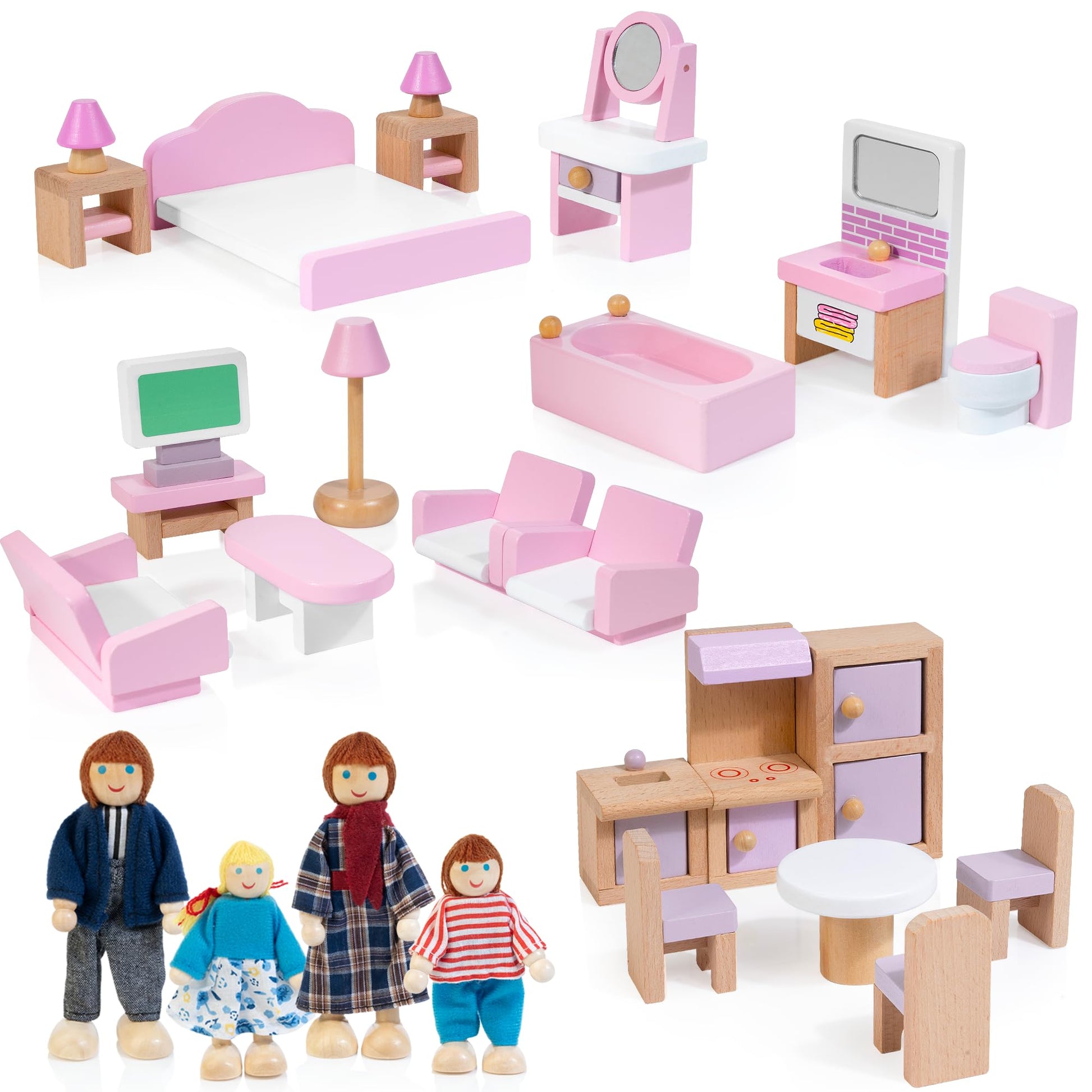 26pcs Wooden Dollhouse Furniture Set with 4 Family Dolls  Pink Dollhouse Accessories for 4 Rooms  Pretend Play Furniture Toy  Birthday Gift for Girls Boys Age 3 4 5 6 Years Old