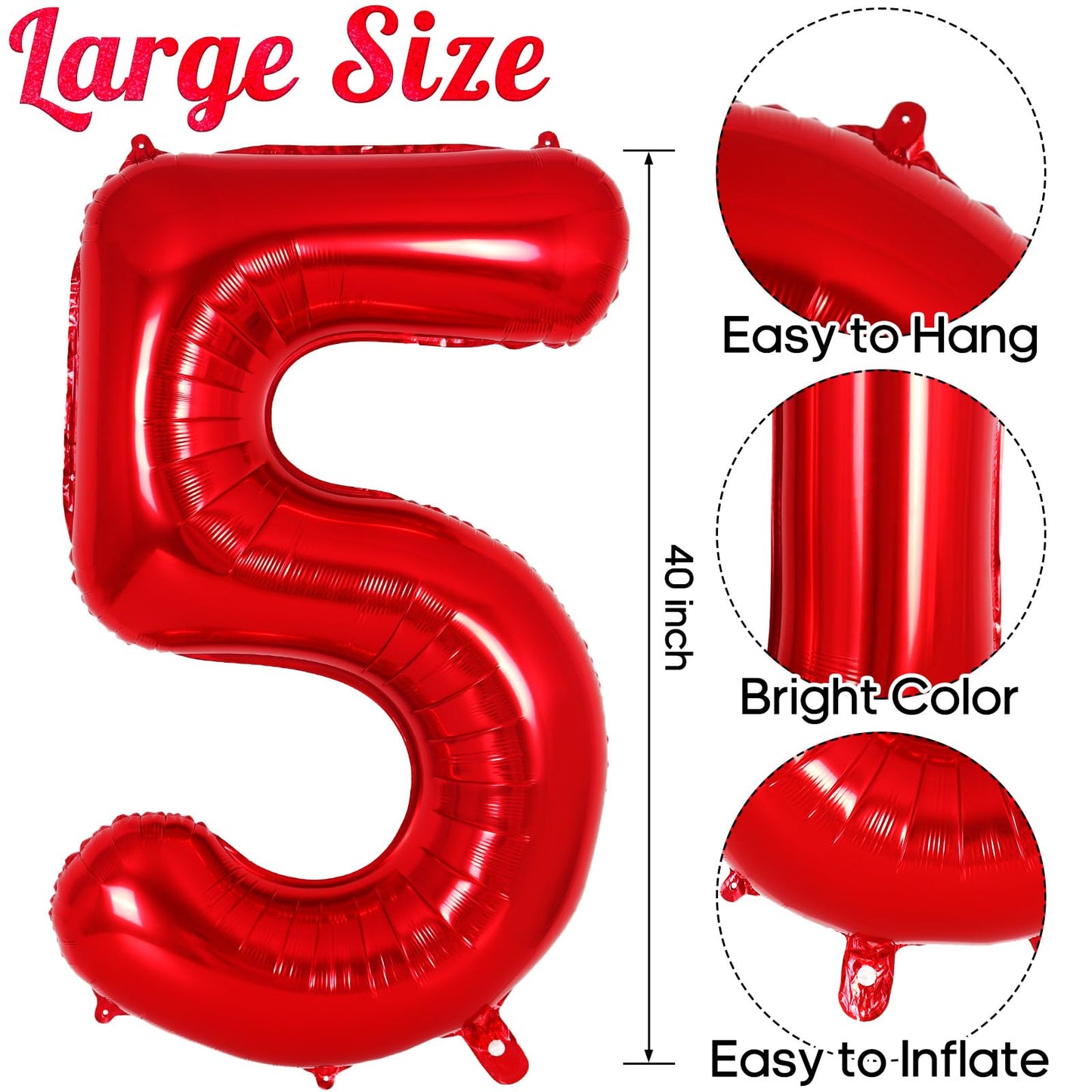 AIQINHU Red Foil Number 5 Balloon, 40 Inch Jumbo Mylar for 5th Birthday Party Decorations