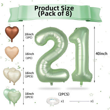 Biapian 40 Inch Sage Green Number 21 Balloons, Large Foil Number 2 & 1 Balloons With 18'' Olive Green Heart Balloon For 21St Yea