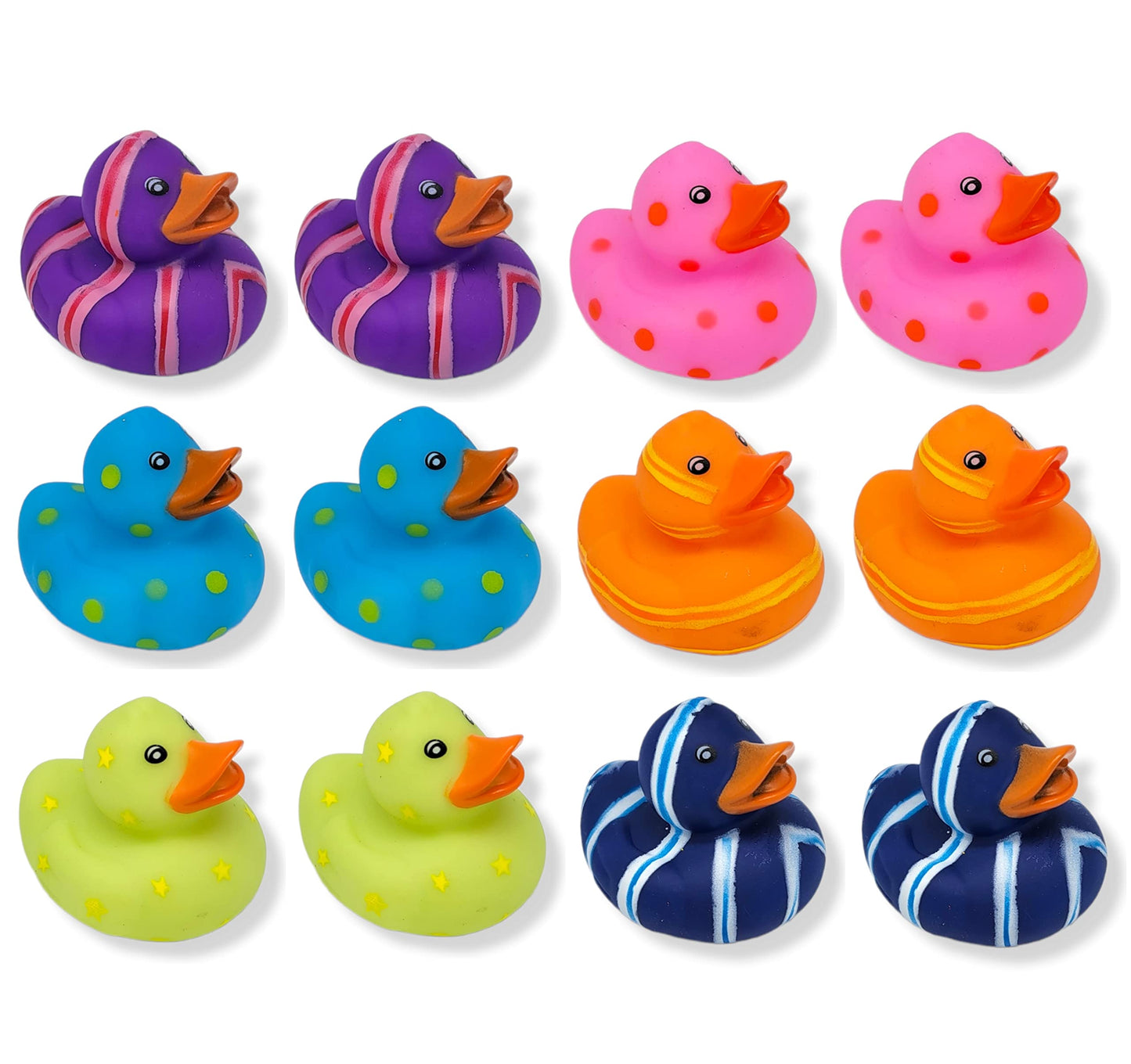 Cool Rubber Ducks (2') Standard Size. (12 Pack) Cute Duck Bath Tub Pool Toys. (Multi-Color Pattern Rubber Squicky Duckies)