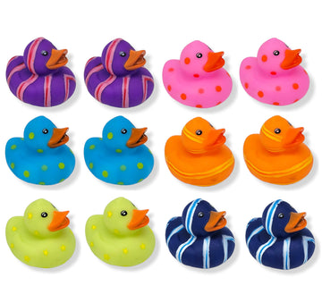 Cool Rubber Ducks (2') Standard Size. (12 Pack) Cute Duck Bath Tub Pool Toys. (Multi-Color Pattern Rubber Squicky Duckies)