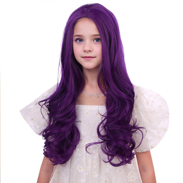 Duduwig Purple Wig Kid Girls Long Purple Wig Synthetic Hair Wigs Ombre Purple Wigs Natural Wavy Hair Wigs Hair Net Include