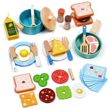 35 Pcs Wooden Play Kitchen Accessories, Pretend Play Kitchen Toys For Kids Toddlers, Wooden Play Cooking Set Play Food Cookware 