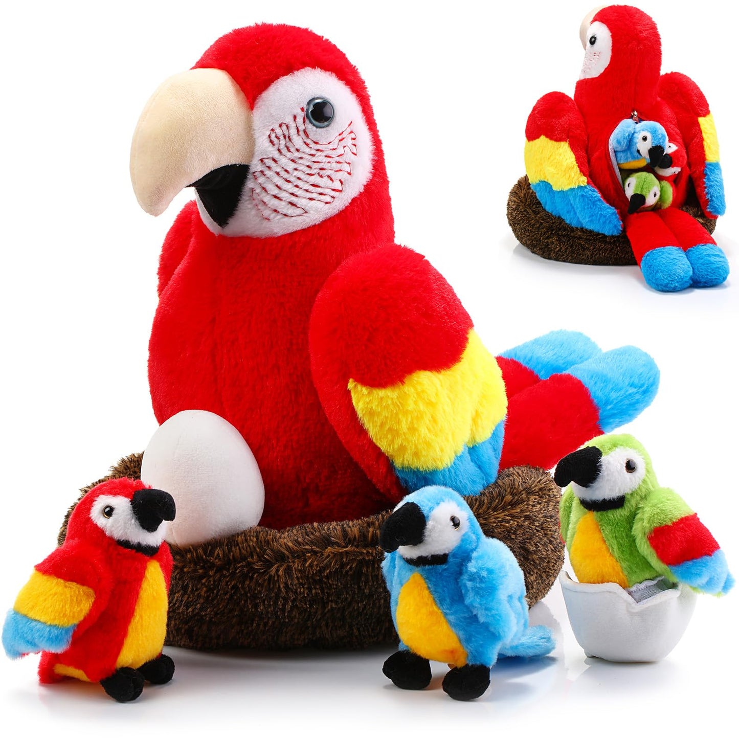 Meooeck 7 Pcs Macaw Parrot Plush Toys Set 13 Inch Zippered Mommy Parrot Stuffed Animal with Nest Egg and 3 Cute Baby Plushies Gi