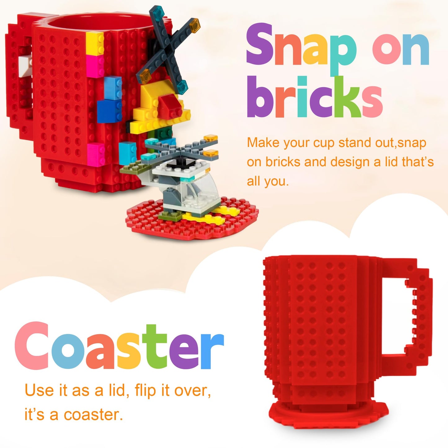FUBARBAR Brick Coffee Mug - Funny Novelty Cup with Lid & Straw, Building Block Toy Mug, Gift Idea for Men/Women/Kids (Red)