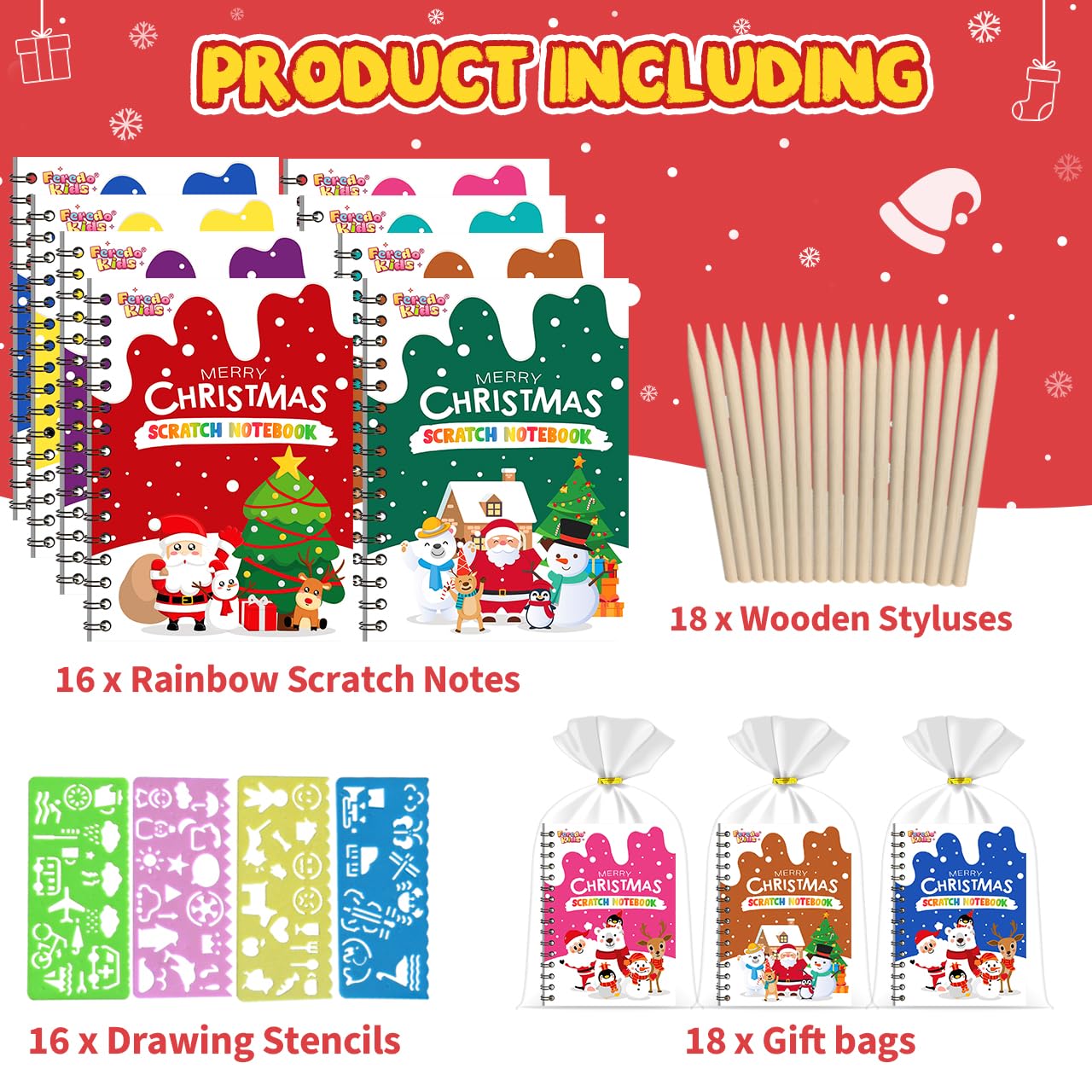 FEREDO KIDS Party Favors for Kids: 16 Pack Christmas Rainbow Scratch Art Notebook Classroom School Supplies Bulk for Girls Boys