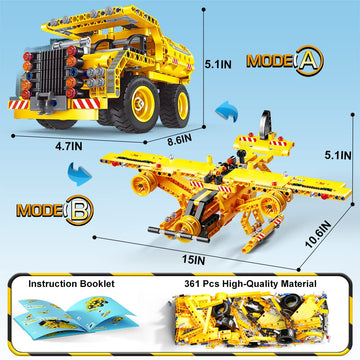 Jyusmile Stem Toy Building Toy For Age 6, 7, 8, 9, 10, 11, 12 Years Old Kids Boys Girls - 2-In-1 Truck Airplane Take Apart Toy, 361 Pcs Diy Building Blocks Kits, Engineering Construction Toy