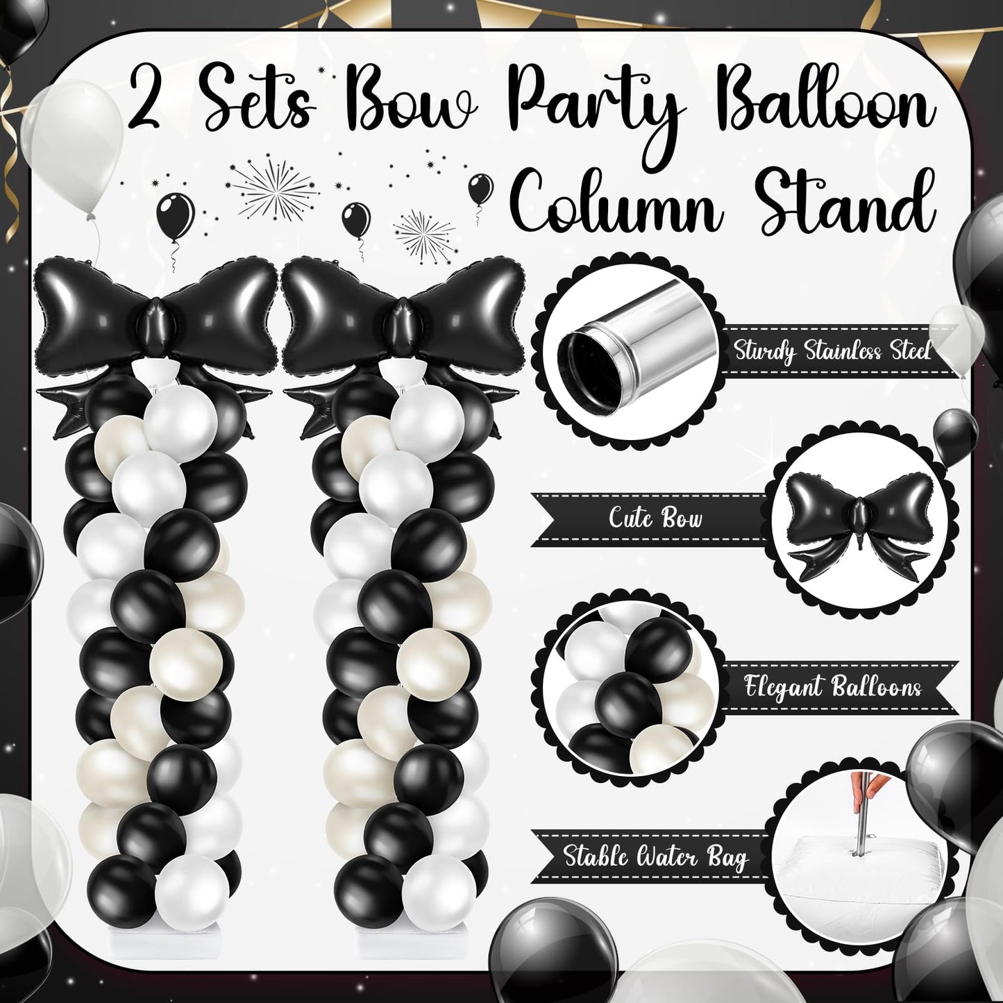 Kasyat Black Bow Balloon Column Stand Kit - 2 Adjustable Stands, 100 Latex Balloons, Black Bow Foil Balloons, Perfect for Parties