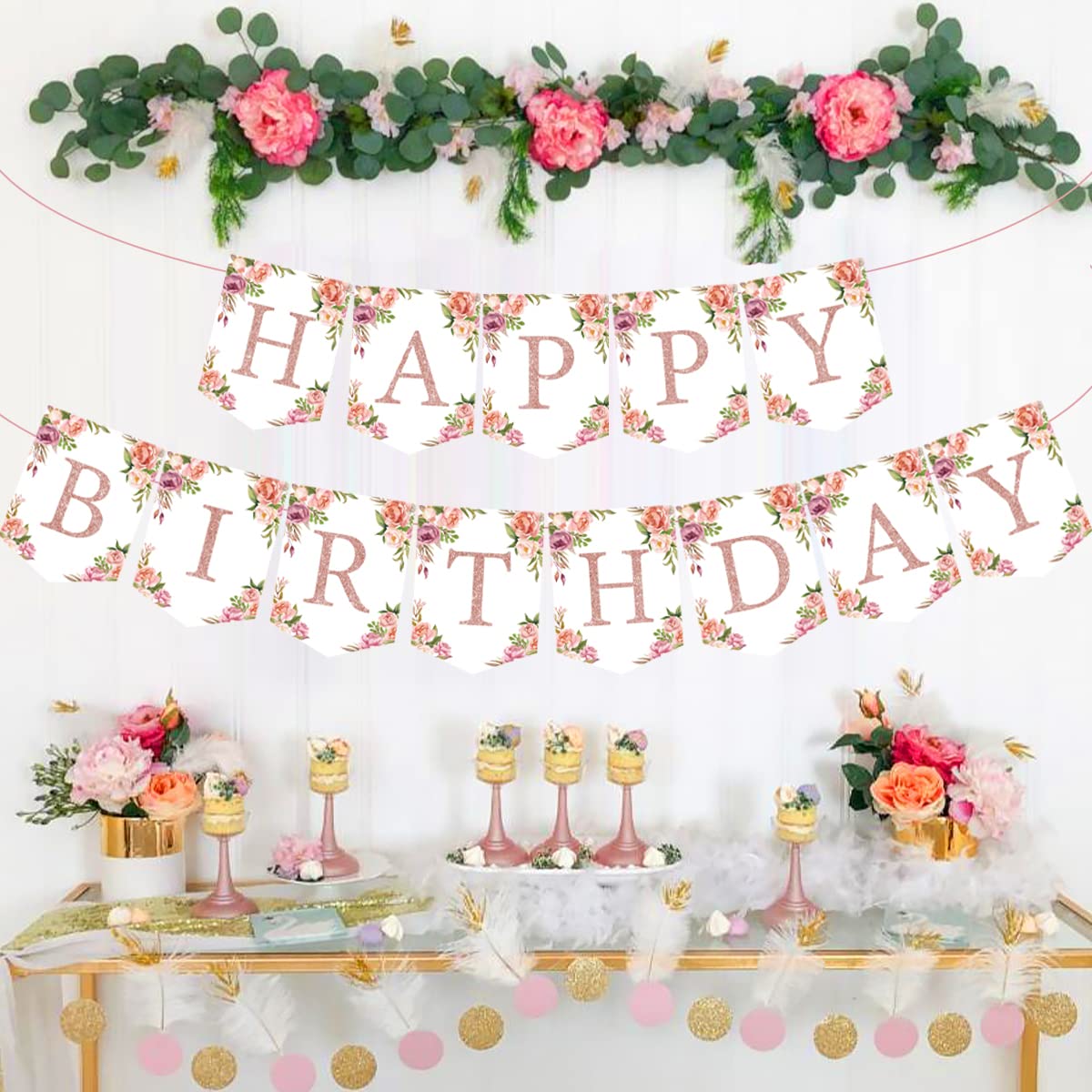Rose Gold Floral Birthday Decorations for Women Girls - Floral Theme Glittery Happy Birthday Banner for Home Wall Mantel Window