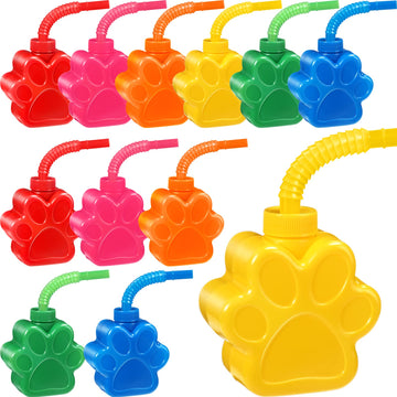 Sratte Dog Paw Cups 10 oz Bulk Puppy Paw Print Theme Cups, Cute Print Plastic Puppy Straw Cup Bulk with Lids for Kids Pet Dog Bi