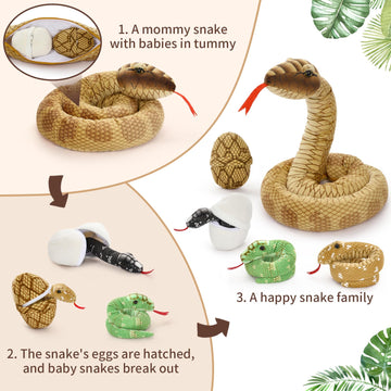 Tezituor Snake Stuffed Animal With Babies,80' Long Brown Boa Constrictor Mommy Snake With 3 Cute Babies & 2 Eggs Plush Snake Toys Birthday Gifts For Boys Girls