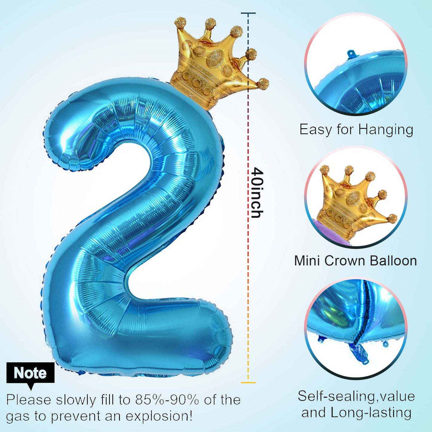 40 Inch Light Blue Number 2 And Mini Crown Balloon For 2Nd Birthday Party Decorations, Light Blue Birthday Party Balloons Decora
