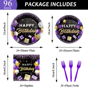 Purple Birthday Plates And Napkins Purple And Black Happy Birthday Party Supplies Tableware Set For 24 Guests Table Decorations