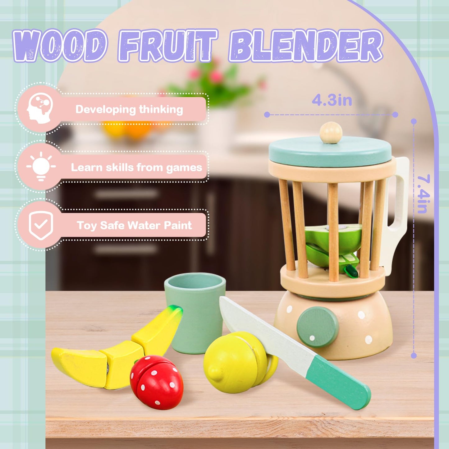 Wooden Blender Toys Play Kitchen Set For Kids-Fruit Juicer Maker Toy,Pretend Cutting Fruits Toys Mixer Food Play Kitchen Accesso