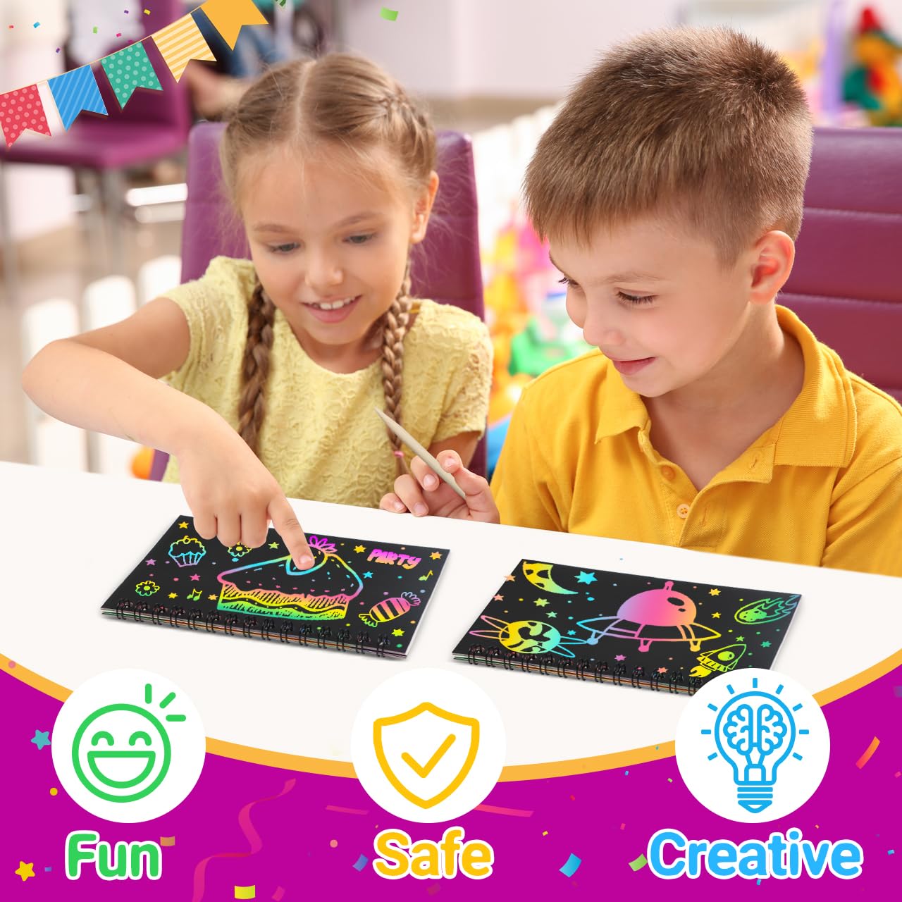 Pigipigi Party Favor Toy For Kids: 24 Pack Rainbow Art Scratch Notebook, Colorful Craft Scribble Paper Magic Black Drawing Pad Kit, Activity Gift Set For Girl Boy Children Birthday Christmas