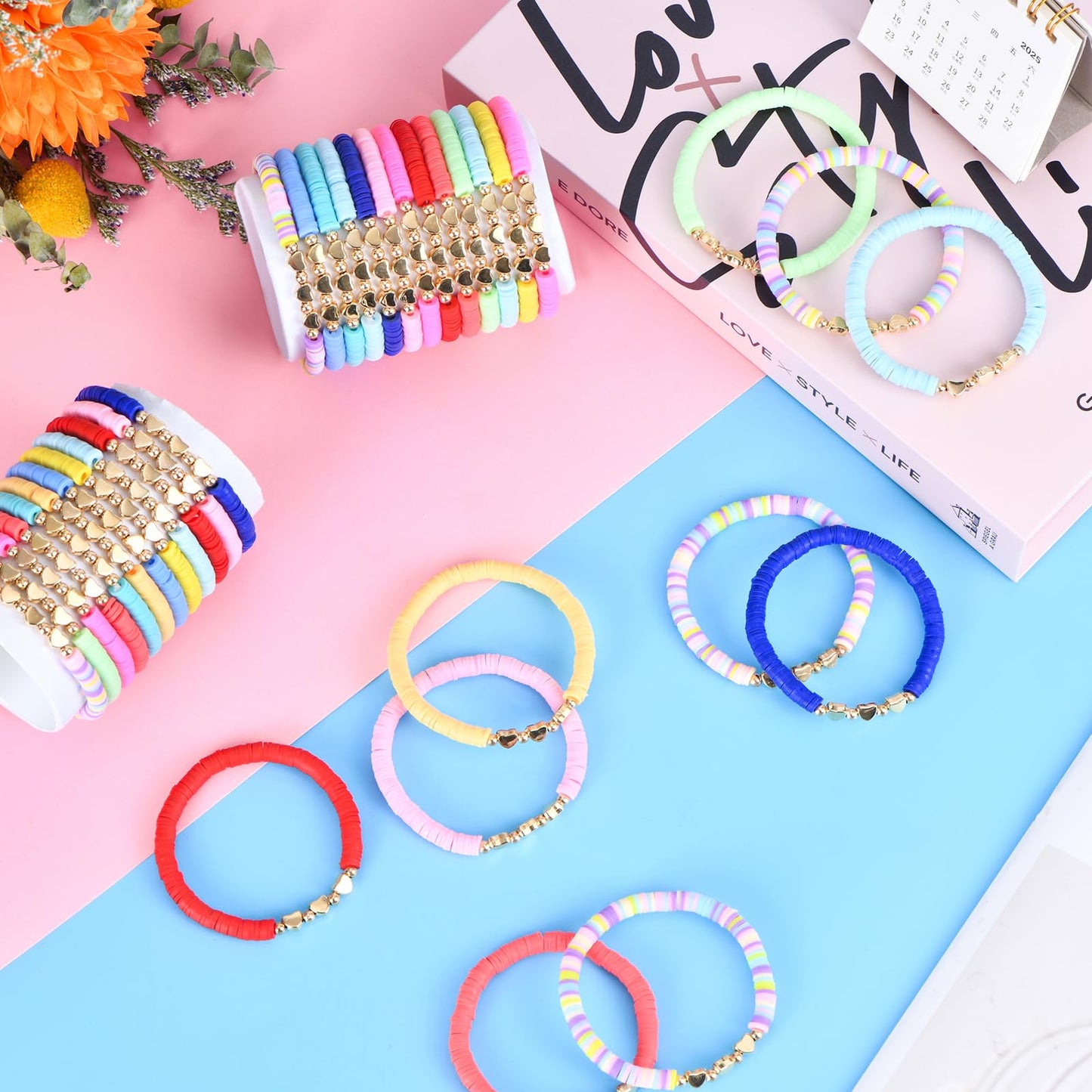 Zhlishqinjj 96 Pcs Colorful Friendship Heart Bracelets, Cute Clay Beads Bracelet Bulk Colorful Heart Friendship Surfer Bracelets