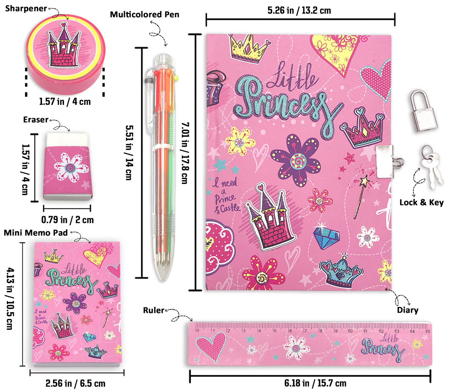 Girls Diary With Lock, Kids Journal Stationary Set For Pre School Teen Learning Writing Drawing Age 6,8,10,12 Years Princess Gift With Notebook Memo Notepad 6 Multicolored Pen Ruler Sharpener Eraser