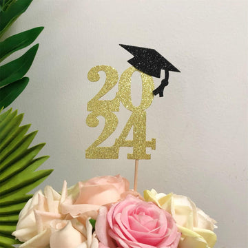Alissar 10 Pack Glitter Gold Double Sided 2024 Graduation Party Centerpiece Sticks Glitter Table Topper Party Supplies (2024 Car