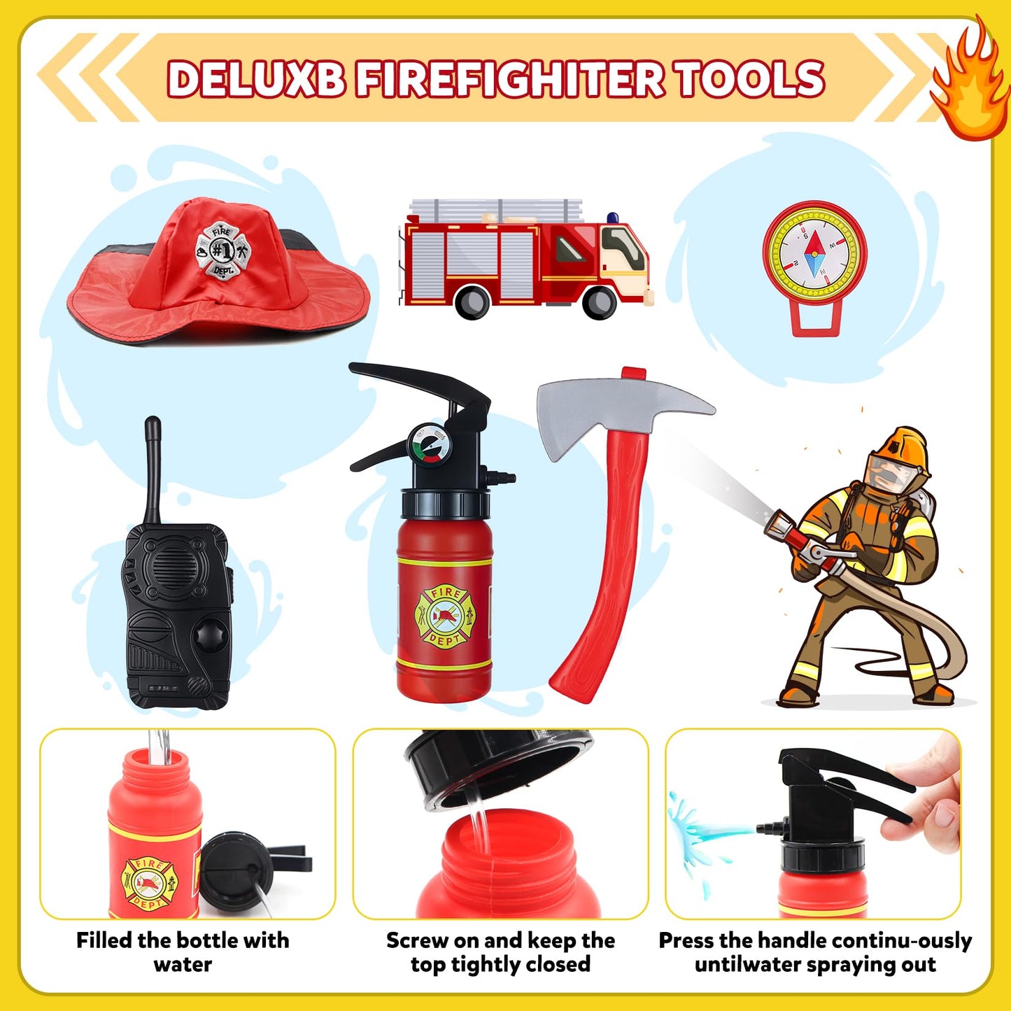 Rizuko Firefighter Costume For Kids With Tool,Fireman Outfit Toys For Boys And Girls Birthday Halloween Party Dress Up 8Pcs (Red