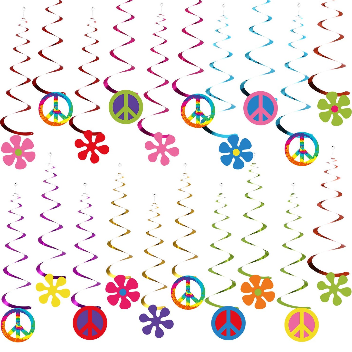 60'S Hippie Theme Party Foil Swirl Decorations, 60S Groovy Party Retro Flower Cutouts Peace Sign Hanging Swirls Ceiling Decorations For 60S Hippie Theme Groovy Party Supplies, 30 Count (Simple)
