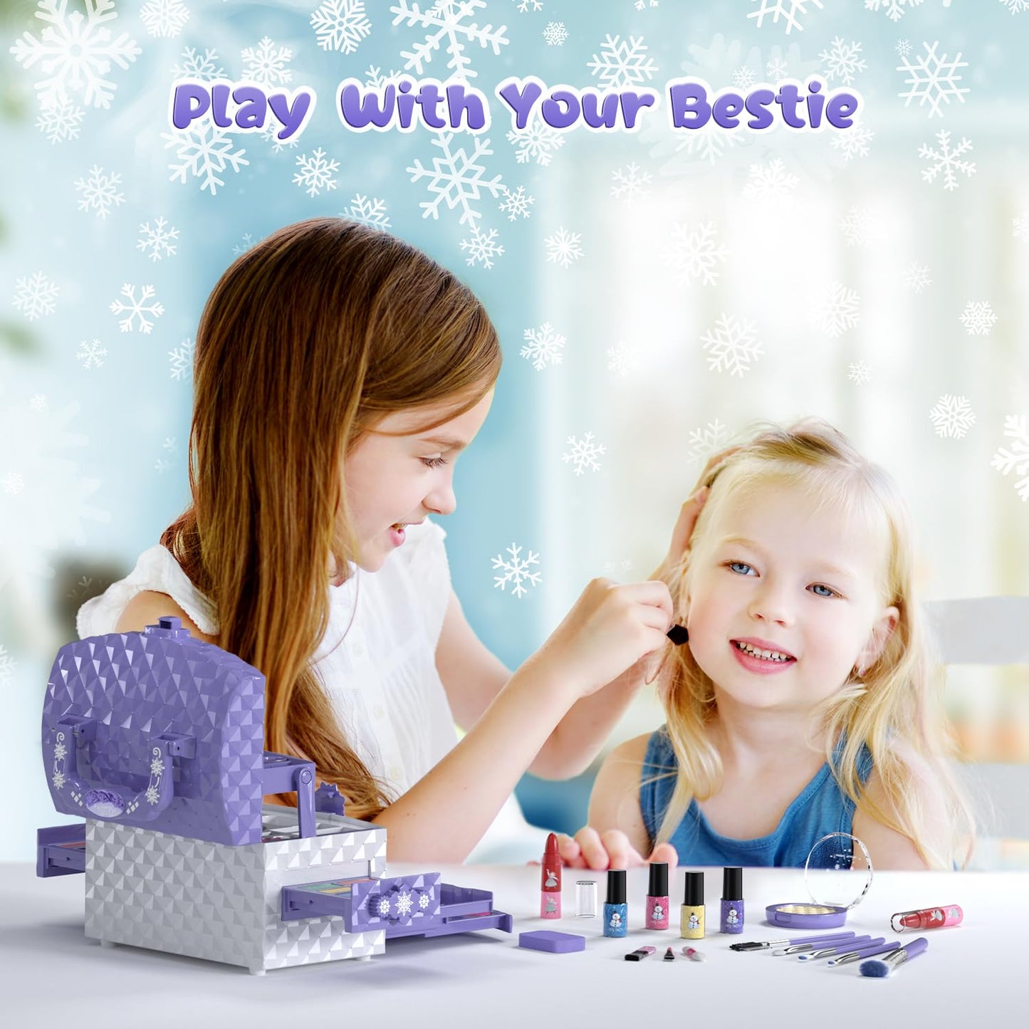 PERRYHOME Kids Makeup Set 56 Pcs Washable Real Cosmetics, Non-Toxic Frozen Toys, Purple, for Girls Ages 3-12