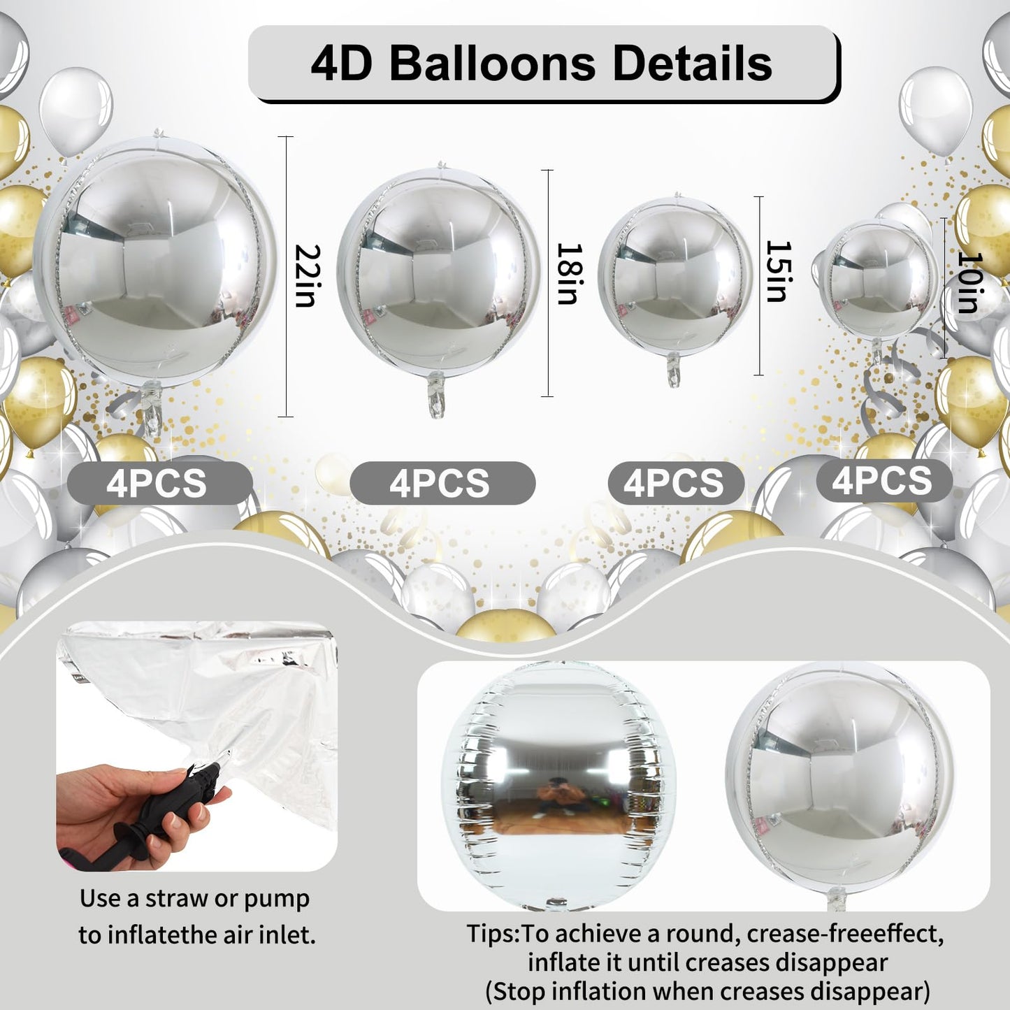 TONIFUL 16Pcs Large Silver 4D Giant Round Foil Balloon 4D Mirror Metallic Mylar Sephere Balloons for Christmas New Year Birthday
