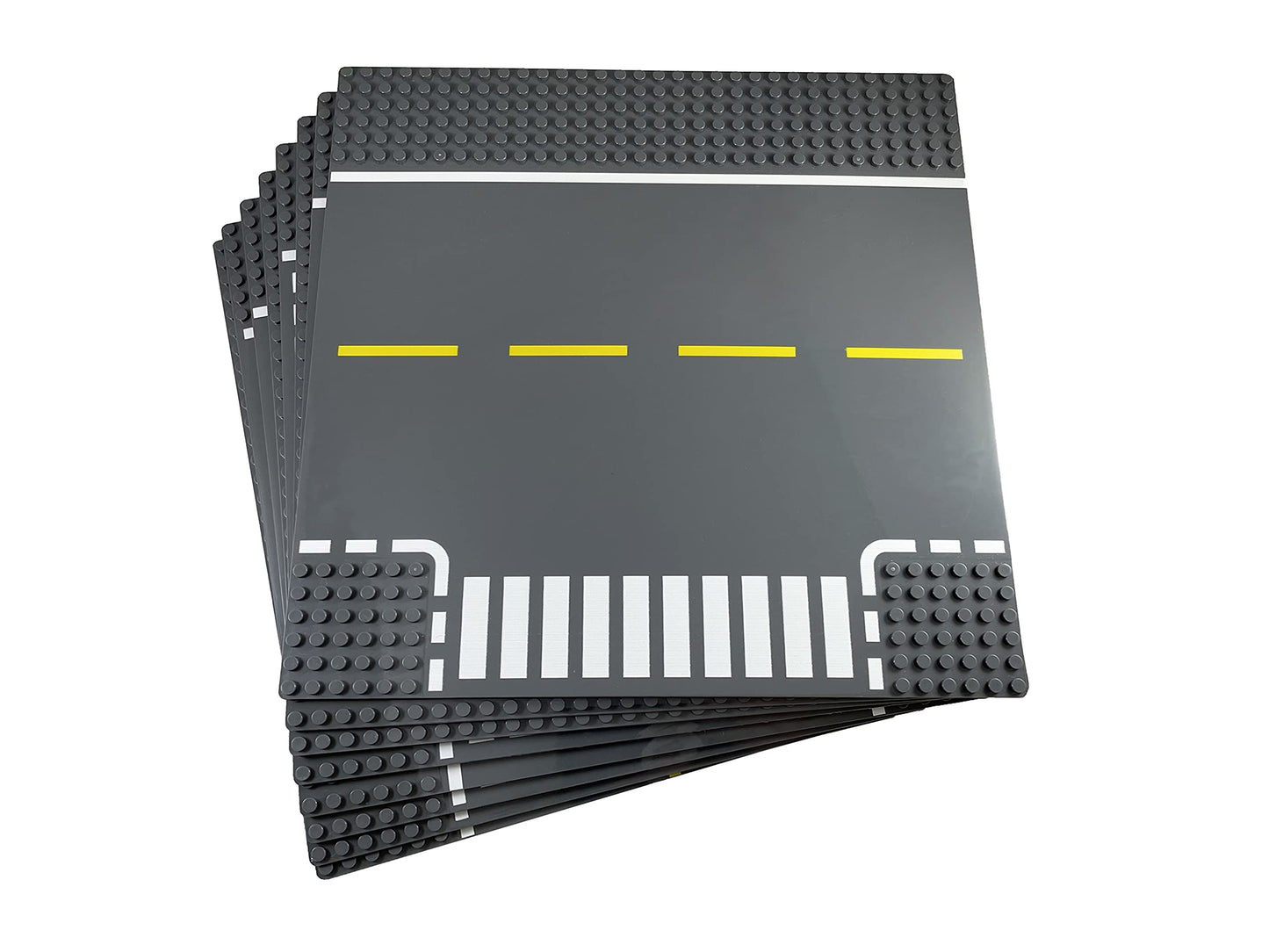 Apostrophe Games Road Baseplate - Premium Building Blocks Base Plates Compatible With All Major Brands - 8Pcs Baseplate Gray With Road Design - Straight, Curve, Crossroad, T-Junction Gray Base Plates