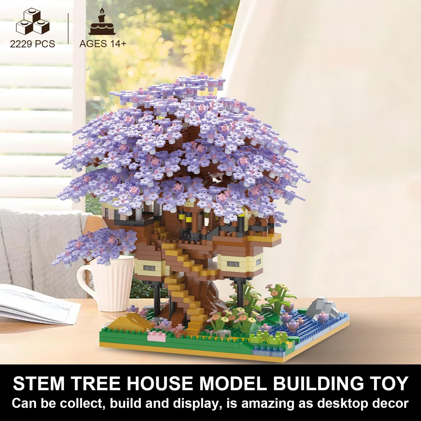 PQKIE Cherry Blossom Tree Building Set, 2229 Pcs Micro Blocks, Purple Bonsai Tree House, STEM Creative Toy for Kids and Adults