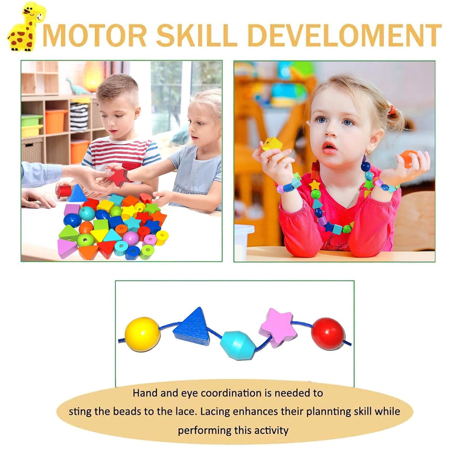 Intsinzi 46Pcs Montessori Lacing Toddler Beads Threading Toys For Toddlers Wooden Primary String Sewing Preschool Fine Motor Skills Educational Toy For 3 4 5 6Years Old Boys Girls