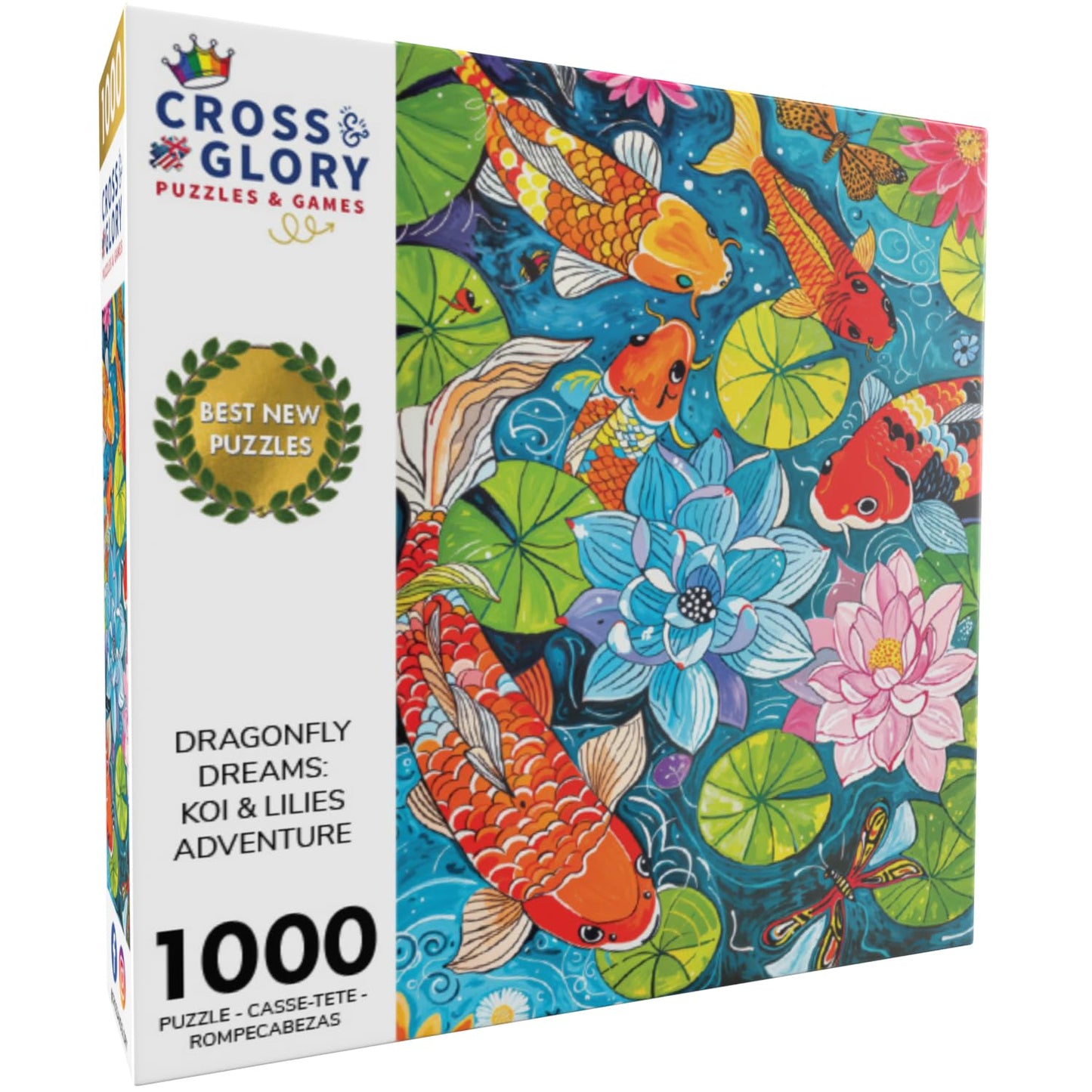 Cross & Glory 1000 Piece Jigsaw Puzzle - Dragonfly Dreams Koi & Lilies Adventure, Large Size, 1.8mm Thick Cardboard, Vibrant Art