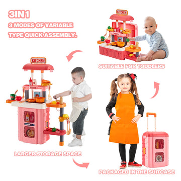 GEIYATOI Kitchen Playset, 3 in 1 Kitchen Pretend Play Toys Travel Suitcase, 49 PCS Realistic Cooking Accessories, Sounds, Lightn