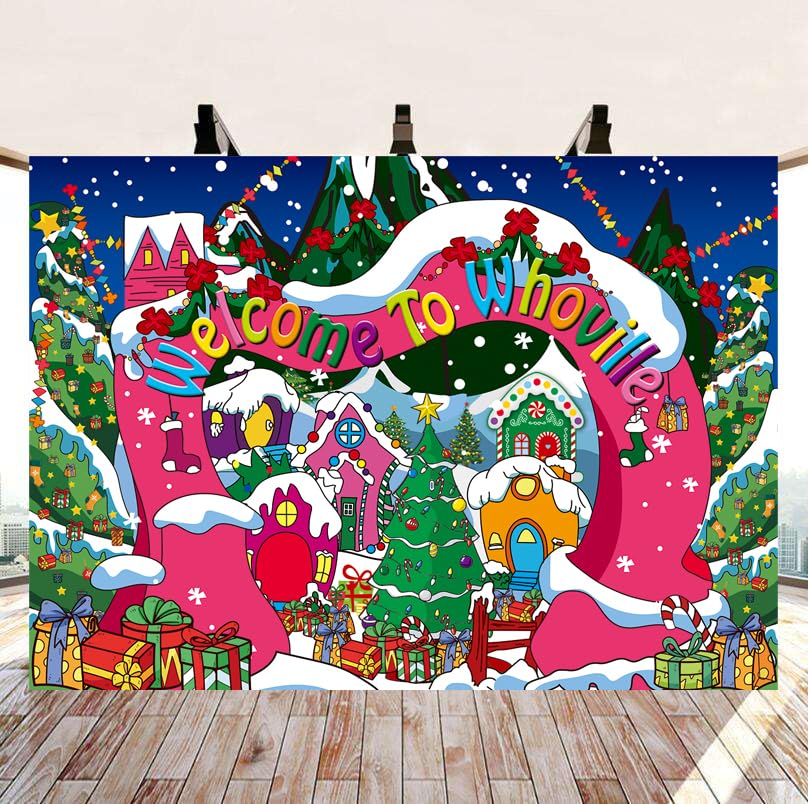 CUMIA Welcome to Whoville Backdrop - 8x6FT Winter Christmas Village Photography Background for Kids Birthday & Holiday Parties, Blue