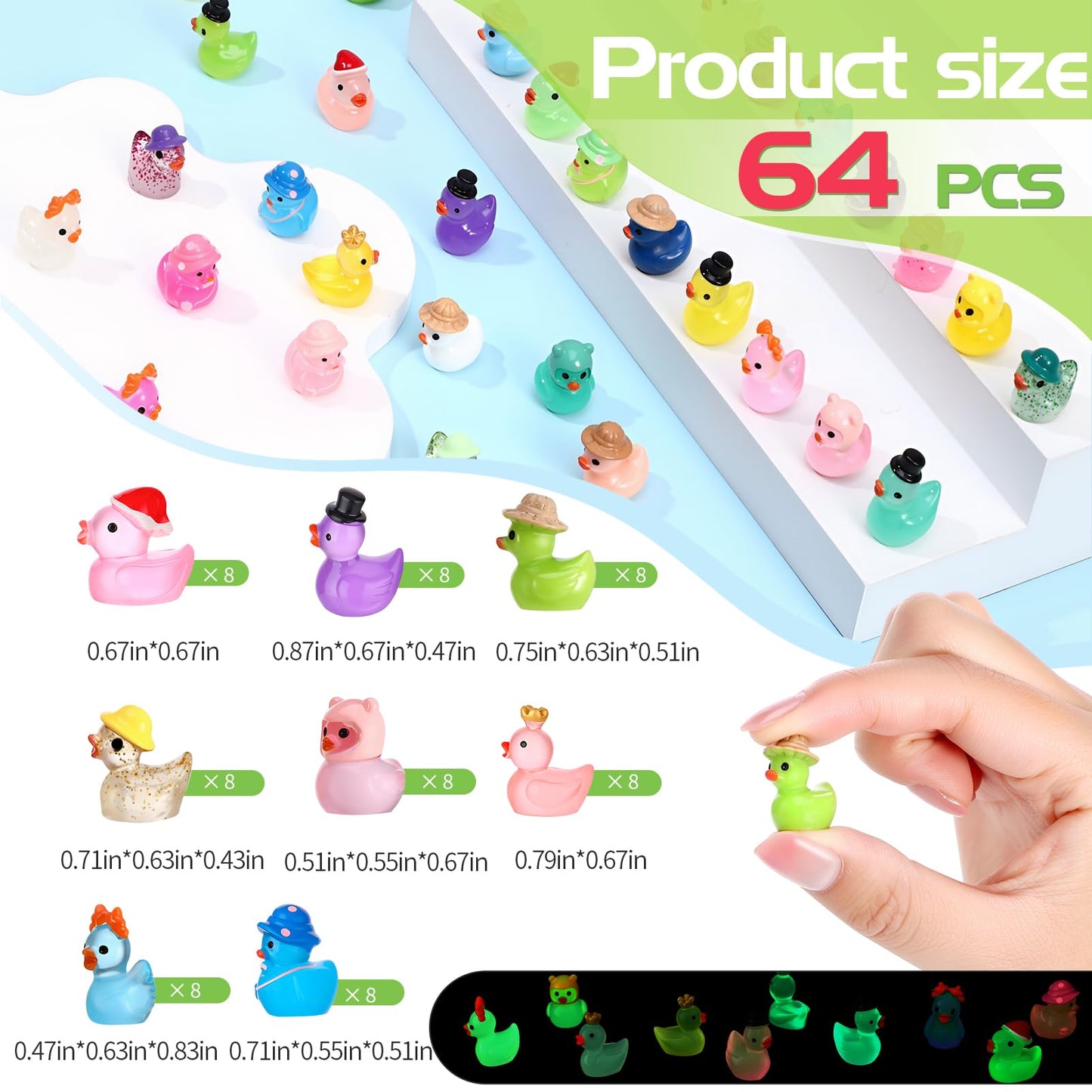 Ggstddup 64 Pcs Luminous Mini Resin Ducks, 8 Types Small Ducks Plastic Mini Resin Animals Figures Miniature Figurines For Fairy